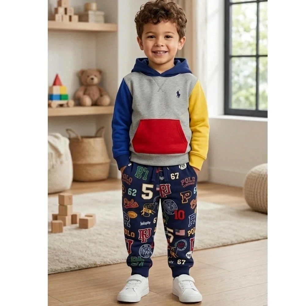 NWOT Polo Ralph Lauren Boys 5 2pc Set Colorblock Hoodie Sweatshirt Jogger Pants